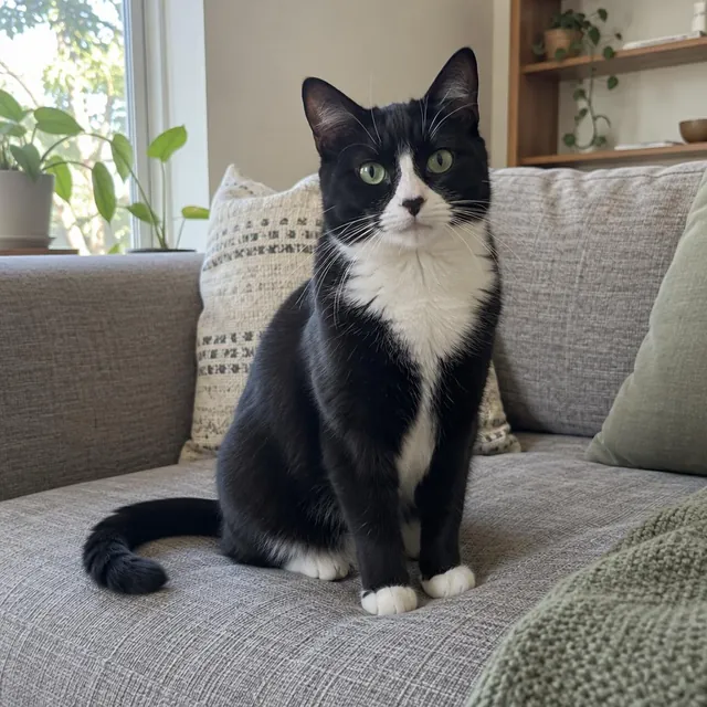 見本の写真:はちわれの黒ねこ