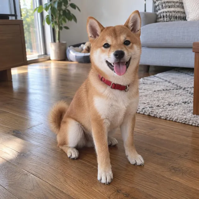 見本の写真:赤い首輪の柴犬